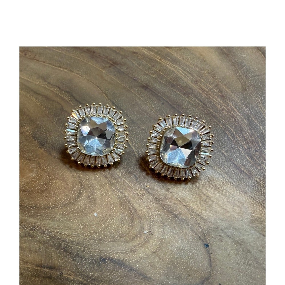 Gold Tone Clear Crystal Baguette Halo Cushion Cut Statement Stud Earrings NEW